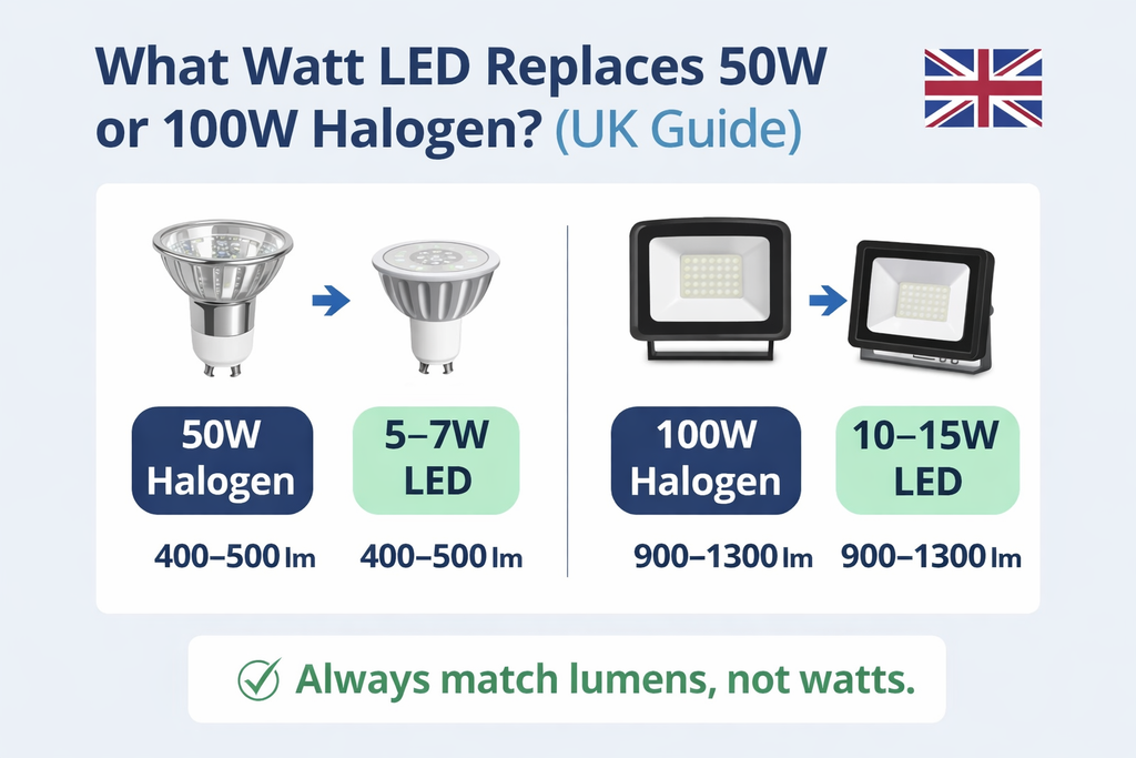 What Watt LED Replaces 50W or 100W Halogen? (UK 2026 Guide)
