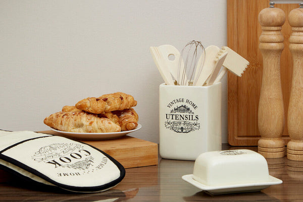 Vintage Home Square Cream Utensil Holder With 6 Utensils