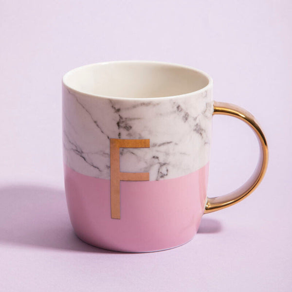 Frosted Deco Marble Effect and Pink Monogram Mug, F