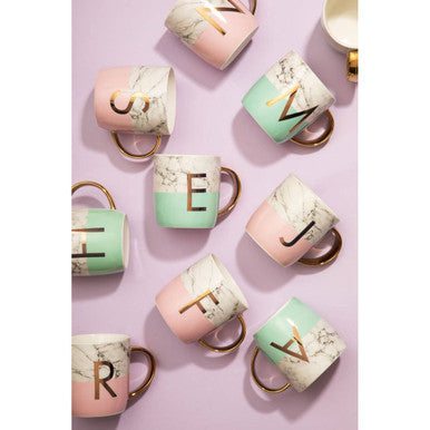 Frosted Deco Marble Effect and Pink Monogram Mug, J
