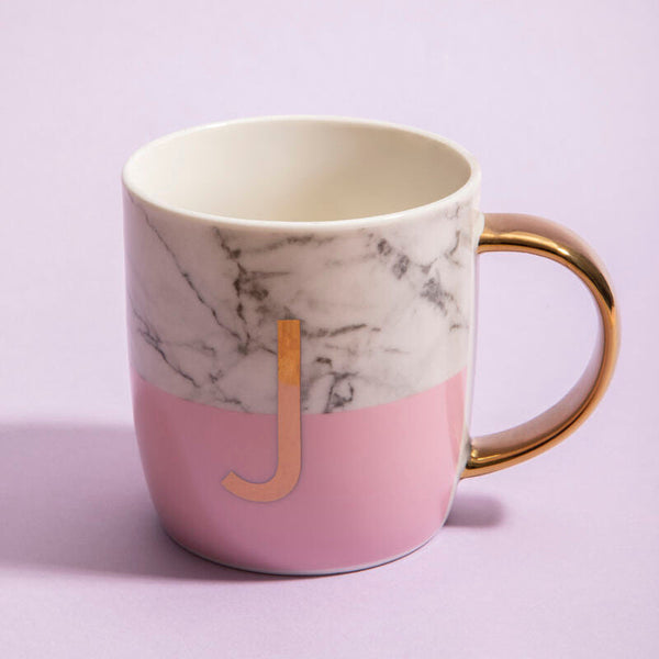 Frosted Deco Marble Effect and Pink Monogram Mug, J