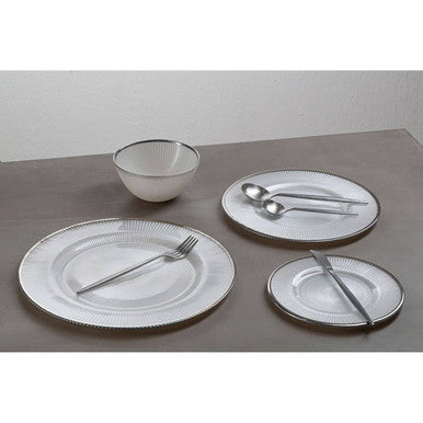 Ida White Embossed Glass Dinner Plate with Silver Rim