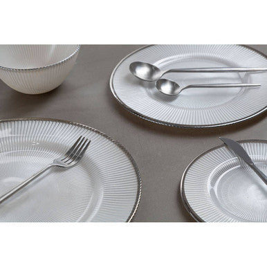 Ida White Embossed Glass Dinner Plate with Silver Rim