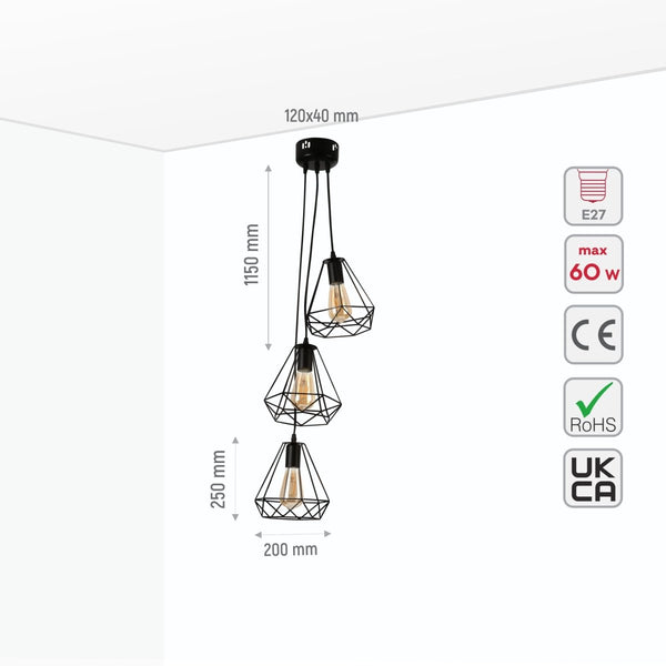 Black Metal Diamond Caged Funnel Pendant Ceiling Light E27