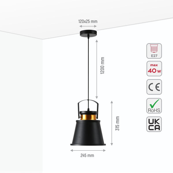 Loft Cafe Bar Counter Exhibition Hall Pub Aisle Black Gold Funnel Handled Metal Pendant Ceiling Light