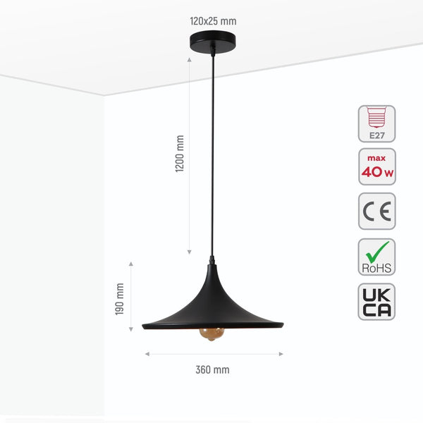 Penn Cone Schoolhouse Orient Flat Black Gold Metal Pendant Ceiling Light E27