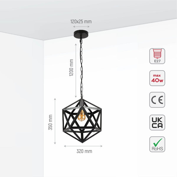 Black Metal Cage Polyhedral Pendant Ceiling Light E27