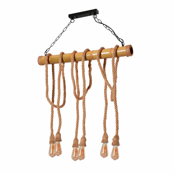 Farmhouse Rustic Bamboo and Hemp Rope Rod Ceiling Chandelier Light 6xE27