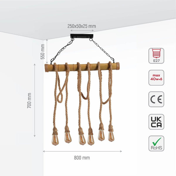 Farmhouse Rustic Bamboo and Hemp Rope Rod Ceiling Chandelier Light 6xE27