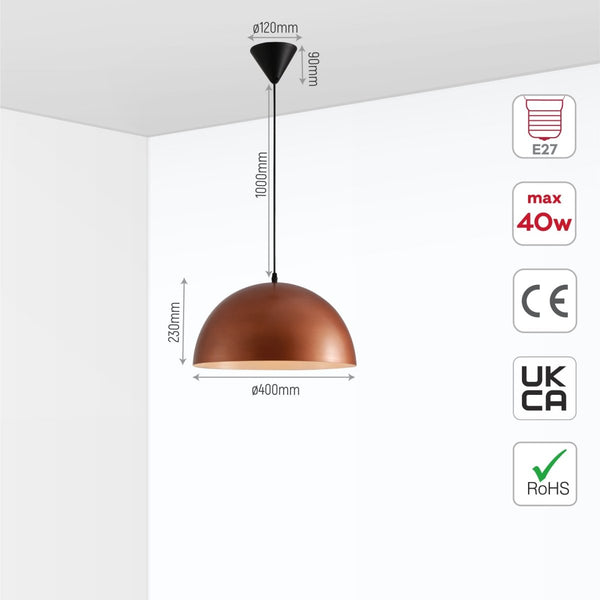 Dome Copper or Brass Finish Metal Pendant Ceiling Light E27 Fitting