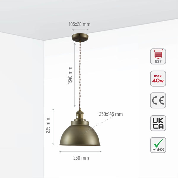 Brooklyn Vintage Metal Dome Pendant Light Pewter Copper Gold Brass E27