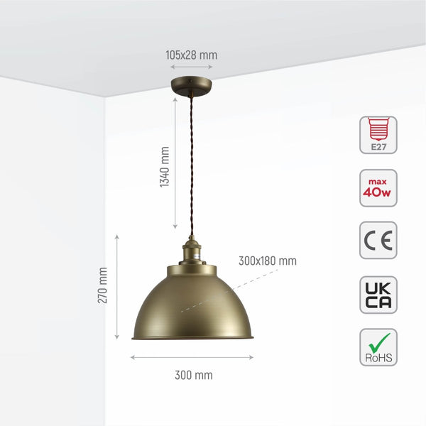 Brooklyn Vintage Metal Dome Pendant Light Pewter Copper Gold Brass E27
