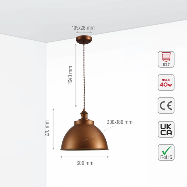 Brooklyn Vintage Metal Dome Pendant Light Pewter Copper Gold Brass E27