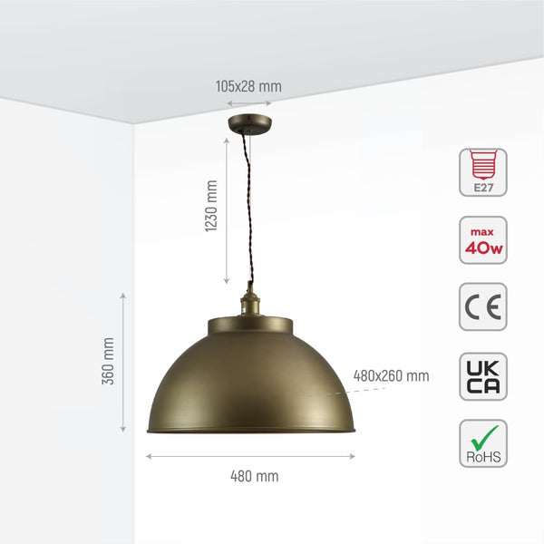 Brooklyn Vintage Metal Dome Pendant Light Pewter Copper Gold Brass E27