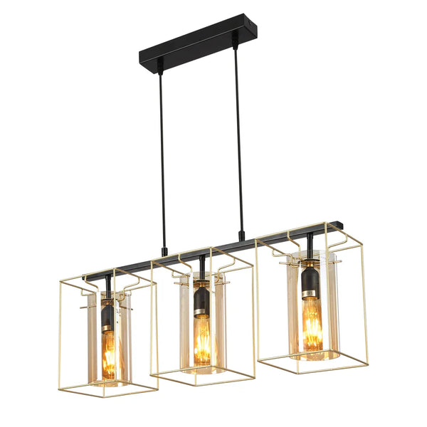 Gold Metal Cage Amber Cylinder Glass Pendant or Island Ceiling Light E27 Fitting