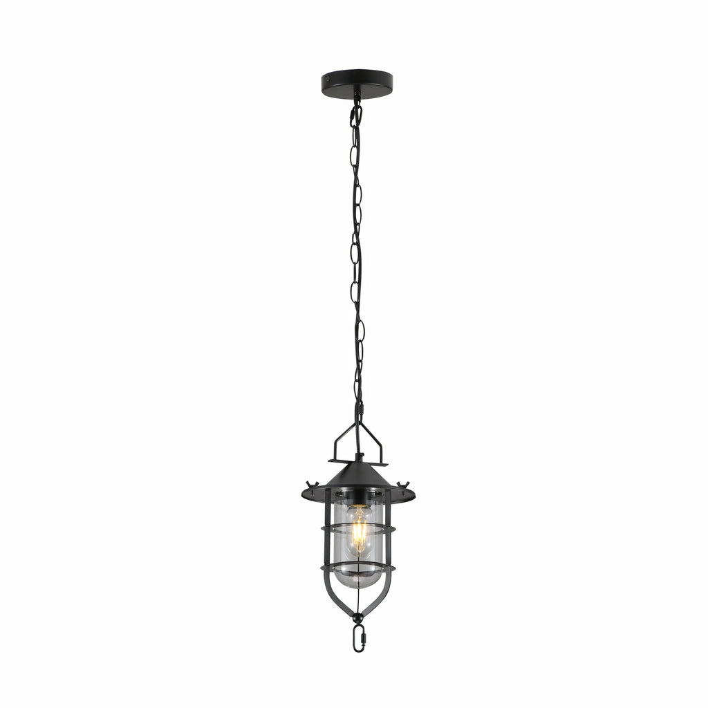 Black Nautical Industrial Caged Flat Shade Small Glass Metal Ceiling Pendant Light E27 Fitting