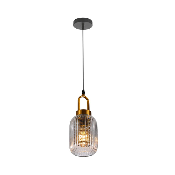 Sawyer Ribbed Fluted Reeded Maloto Lantern Clear Glass Pendant Ceiling Light E27 Gold Handled