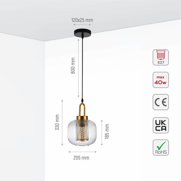 Sawyer Ribbed Fluted Reeded Maloto Lantern Clear Glass Pendant Ceiling Light E27 Gold Handled