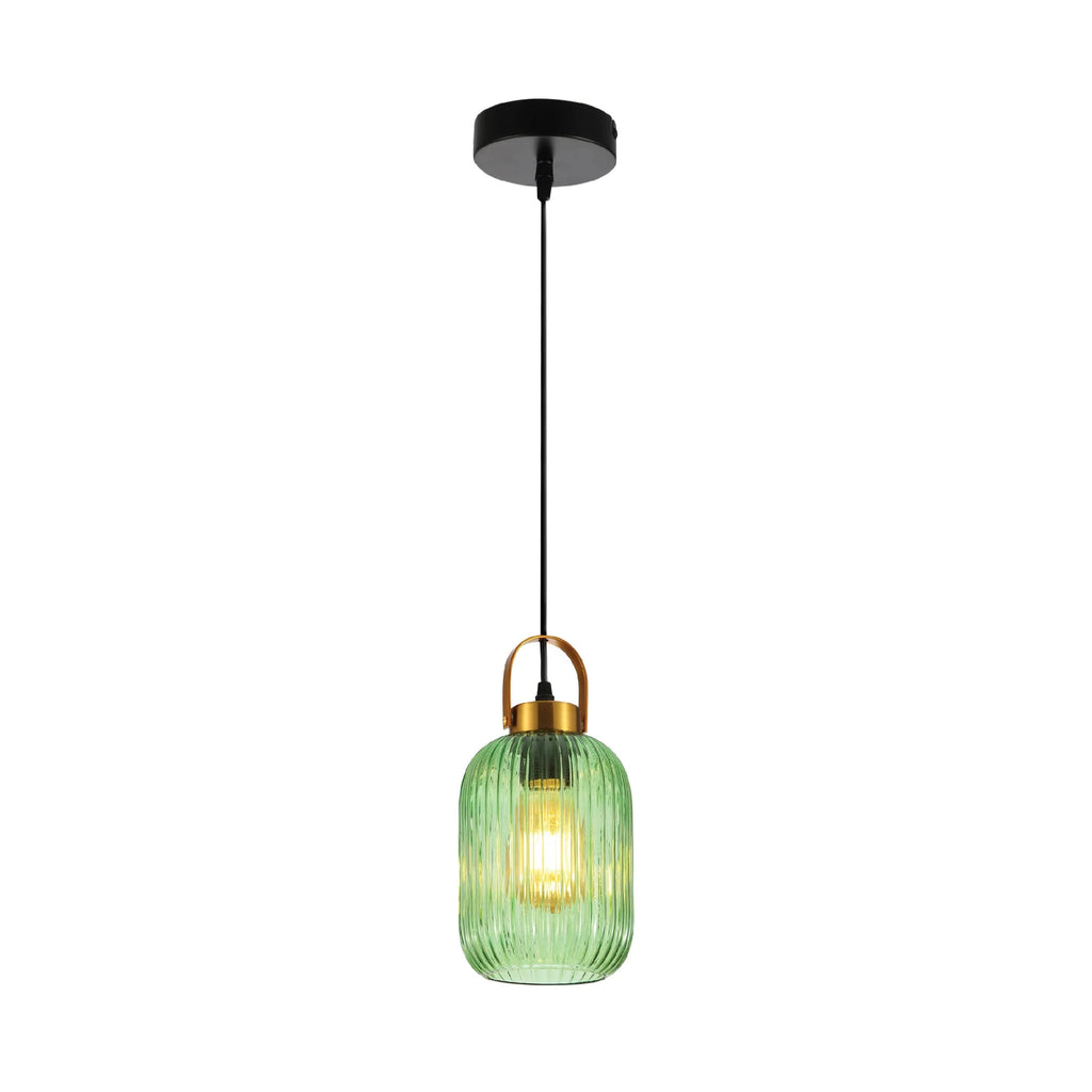 Sawyer Ribbed Fluted Reeded Maloto Lantern Green Glass Pendant Ceiling Light E27 Gold Handled