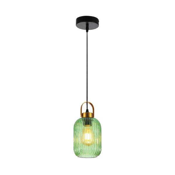 Sawyer Ribbed Fluted Reeded Maloto Lantern Green Glass Pendant Ceiling Light E27 Gold Handled