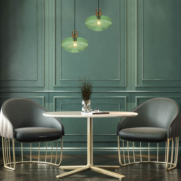 Sawyer Ribbed Fluted Reeded Maloto Lantern Green Glass Pendant Ceiling Light E27 Gold Handled