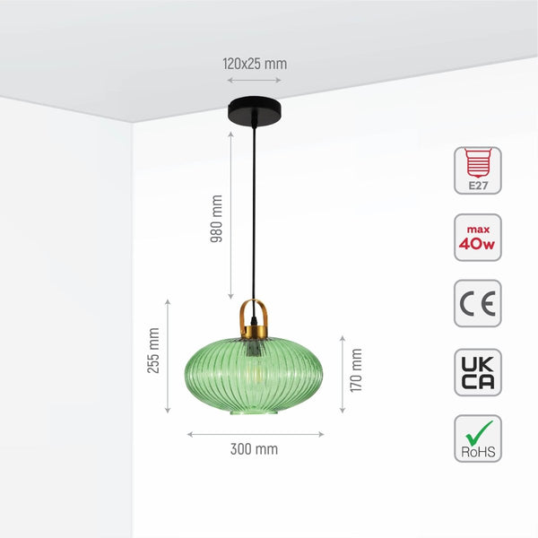 Sawyer Ribbed Fluted Reeded Maloto Lantern Green Glass Pendant Ceiling Light E27 Gold Handled