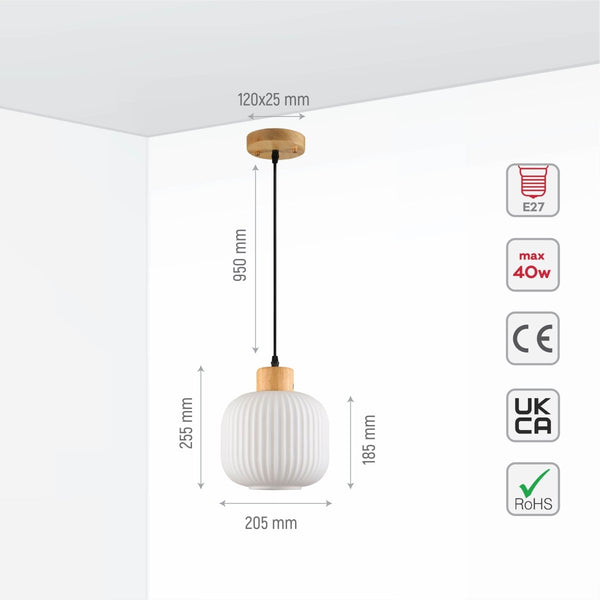 Sawyer Ribbed Fluted Reeded Maloto Lantern Opal Glass Pendant Ceiling Light E27 Wood Top