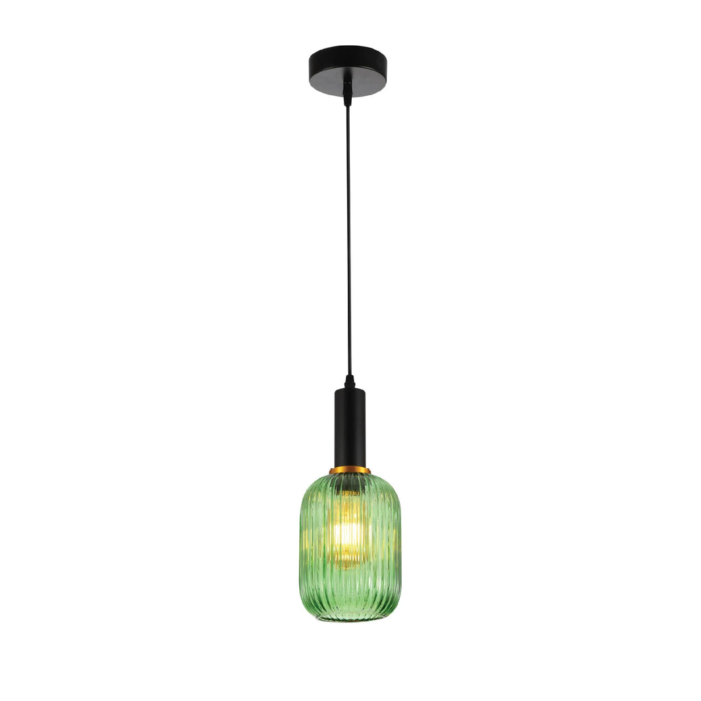 Sawyer Ribbed Fluted Reeded Maloto Lantern Green Glass Pendant Ceiling Light E27 Black Metal Top