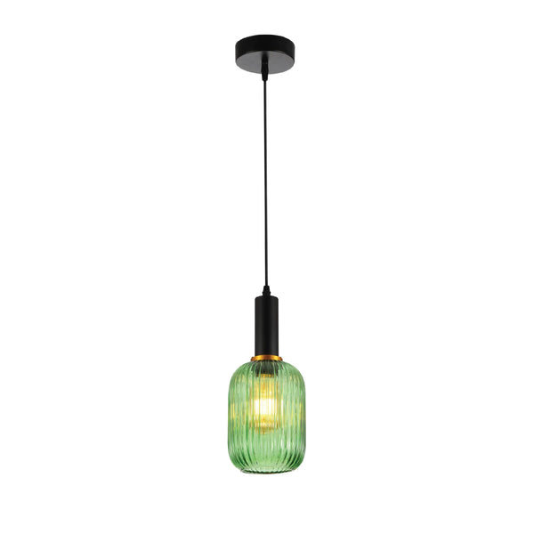 Sawyer Ribbed Fluted Reeded Maloto Lantern Green Glass Pendant Ceiling Light E27 Black Metal Top