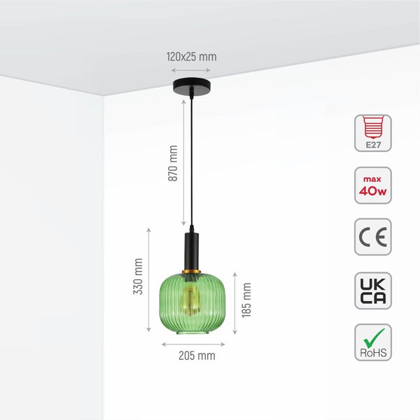 Sawyer Ribbed Fluted Reeded Maloto Lantern Green Glass Pendant Ceiling Light E27 Black Metal Top