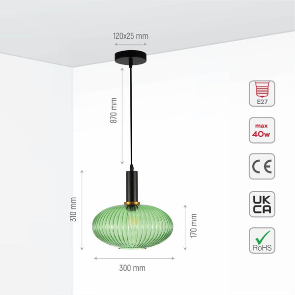 Sawyer Ribbed Fluted Reeded Maloto Lantern Green Glass Pendant Ceiling Light E27 Black Metal Top