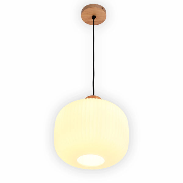 White Ribbed Glass Pendant Light with Wooden Accents