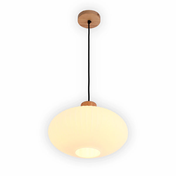 White Ribbed Glass Pendant Light with Wooden Accents