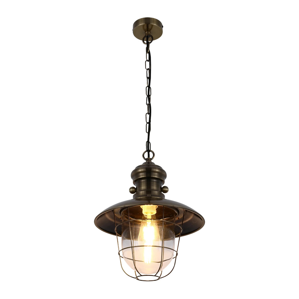 Industrial Cage Pendant Lights - Antique Brass and Black with Red Detailing
