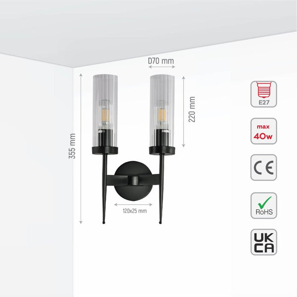 Gold Aluminium Bronze or Black Clear Reeded Cylinder Glass Joseph Fonteyn Fluted Torch Wall Sconce Light
