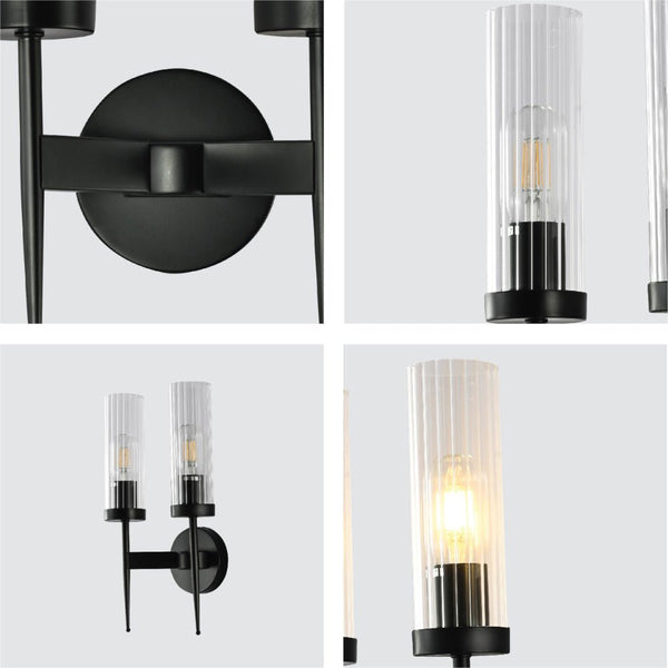 Gold Aluminium Bronze or Black Clear Reeded Cylinder Glass Joseph Fonteyn Fluted Torch Wall Sconce Light