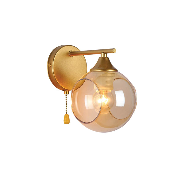 Amber Sides Open Globe Glass Gold Wall Light E27 Pull Down Switch