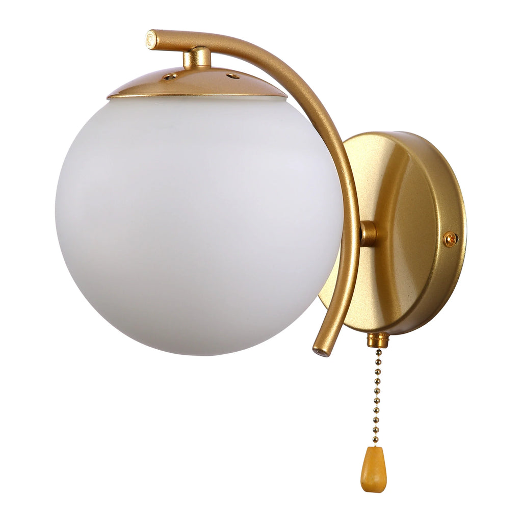 Opal Globe Glass Gold Metal Arc Body Vintage Retro Wall Light with Pull Down Switch E27 Fitting