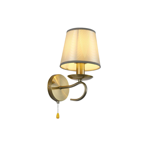 Grey Frustum Fabric Shade Antique Brass Vintage Wall Light E14 Pull Down Switch