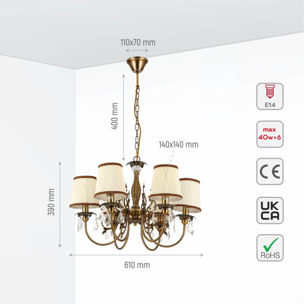 Antique Brass Finishing Metal Body Off White Shade Candle Vintage Crystal Ceiling Light E14