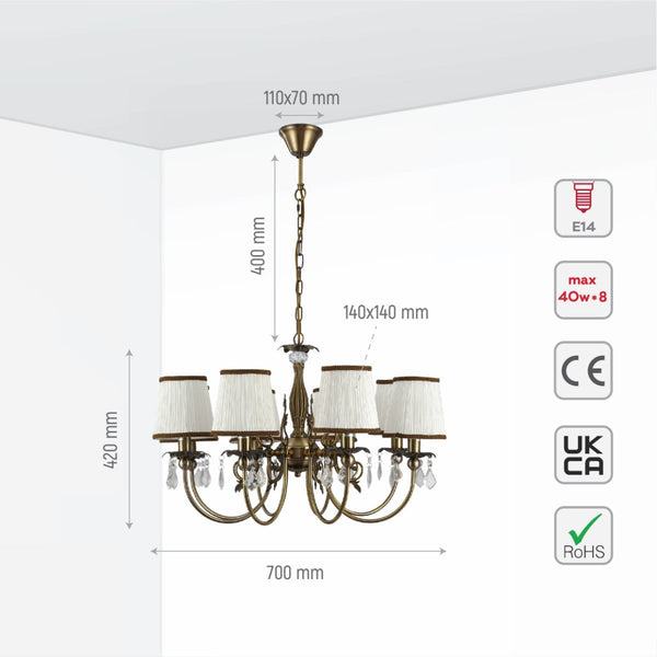 Antique Brass Finishing Metal Body Off White Shade Candle Vintage Crystal Ceiling Light E14