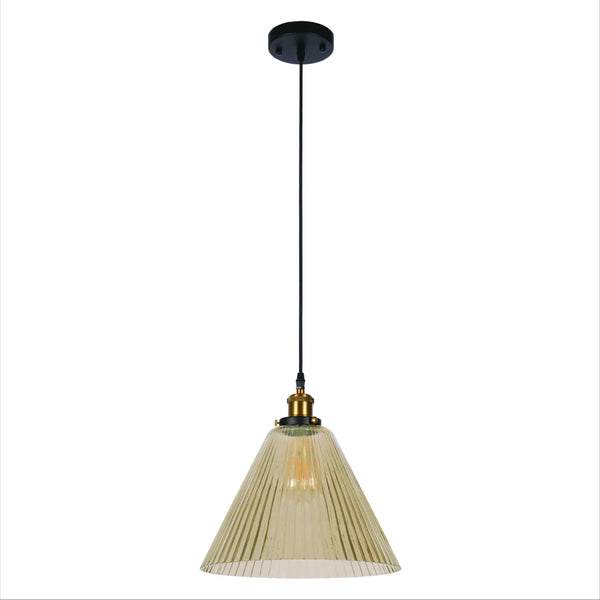 Amber Glass Cone Funnel Reeded Fluted Striped Pendant Ceiling Light E27