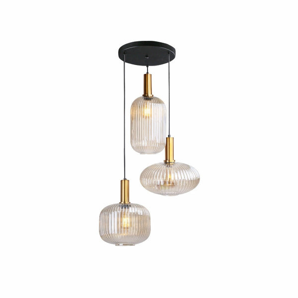 Sawyer Ribbed Fluted Reeded Maloto Lantern Amber Glass Pendant Ceiling Light E27 Gold Bronze Top