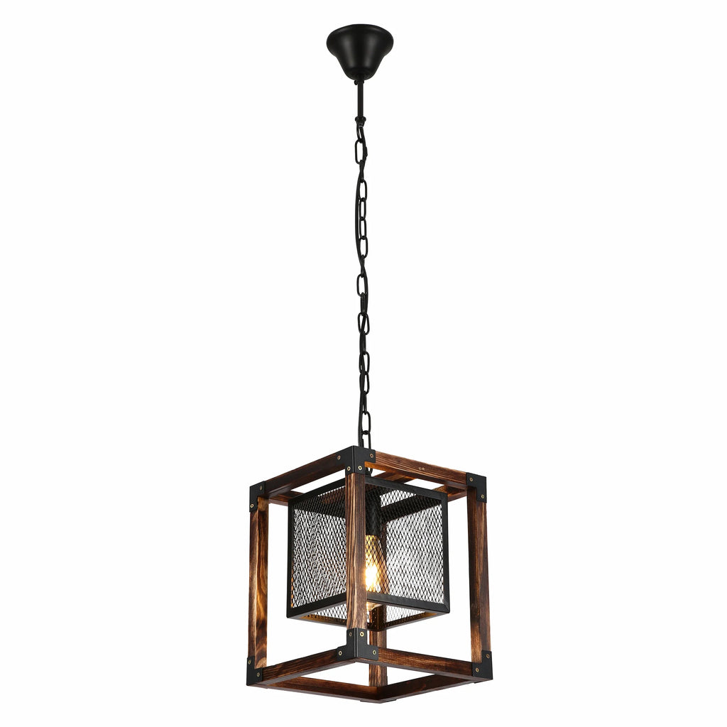 Wood Cube Black Cage Lantern Rustic Pendant Ceiling Light E27