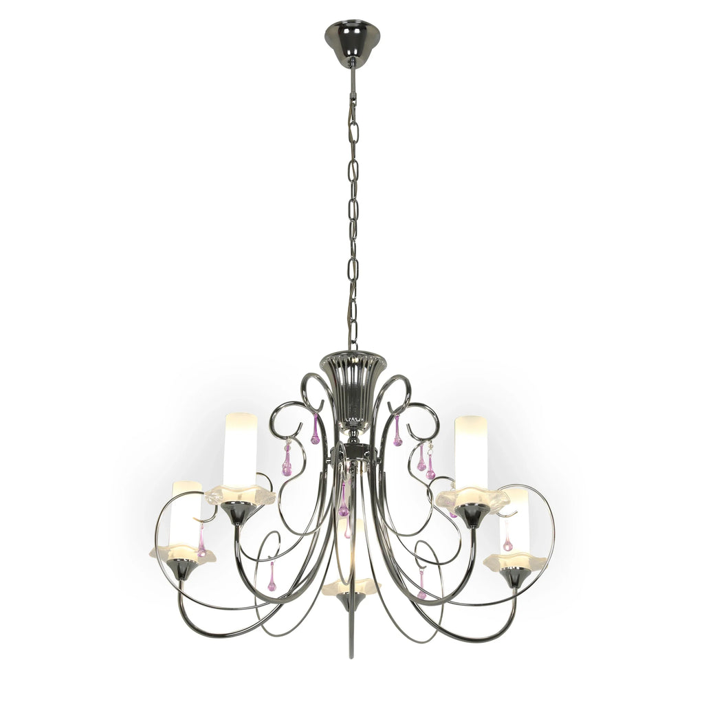 Opal Cylinder Glass Chrome Candle Metal Arm Ceiling Chandelier Light E14