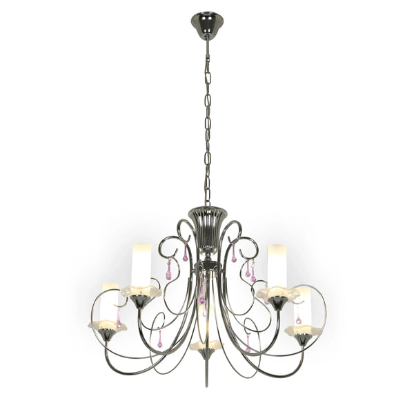 Opal Cylinder Glass Chrome Candle Metal Arm Ceiling Chandelier Light E14