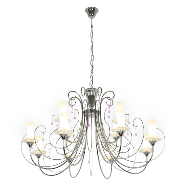 Opal Cylinder Glass Chrome Candle Metal Arm Ceiling Chandelier Light E14