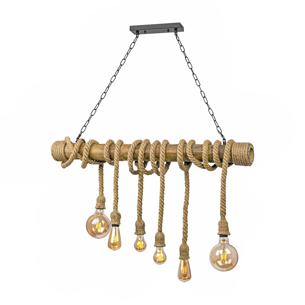 Farmhouse Rustic Bamboo and Hemp Rope Rod Ceiling Chandelier Light 6xE27