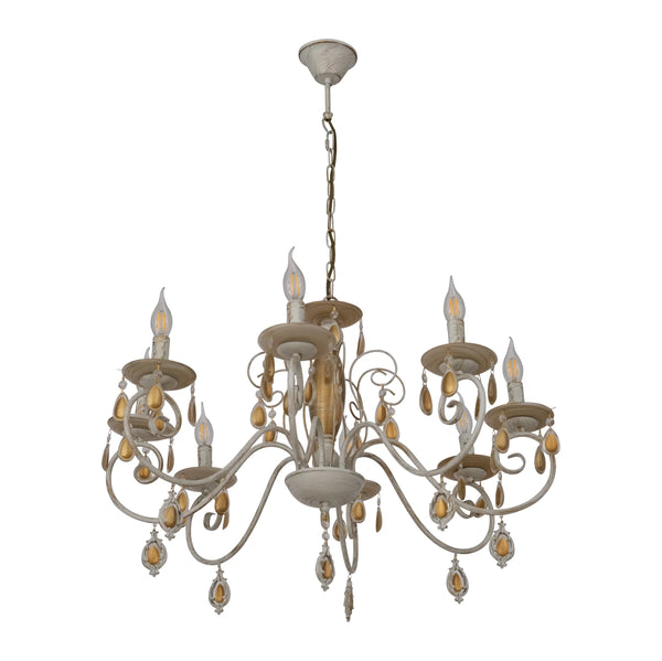 Amber Crystal Gold and White Metal Arm Ceiling Chandelier Light E14