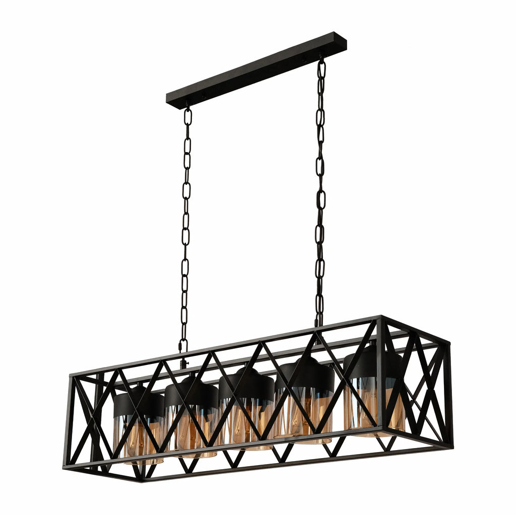 Black Caged Metal Amber Cylinder Glass Island Chandelier Ceiling Light 5xE27